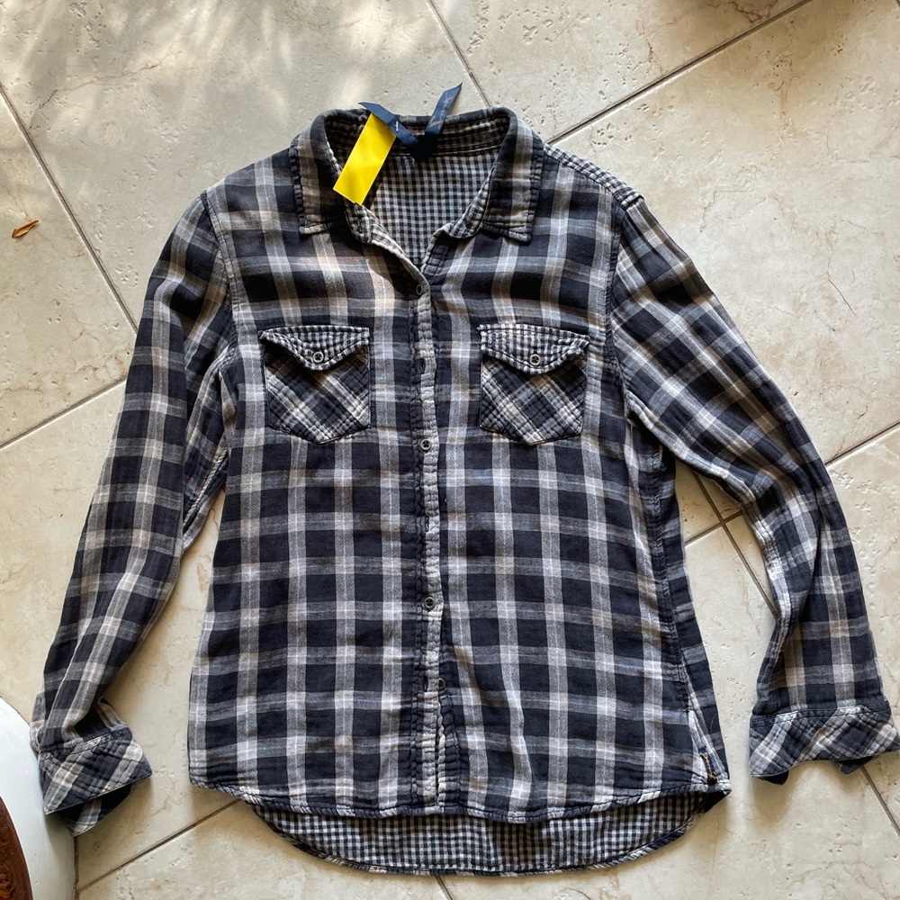 Blue Grey Plaid Flannel Button Down Shirt Long Sleeve Chest‎ Pockets Womens